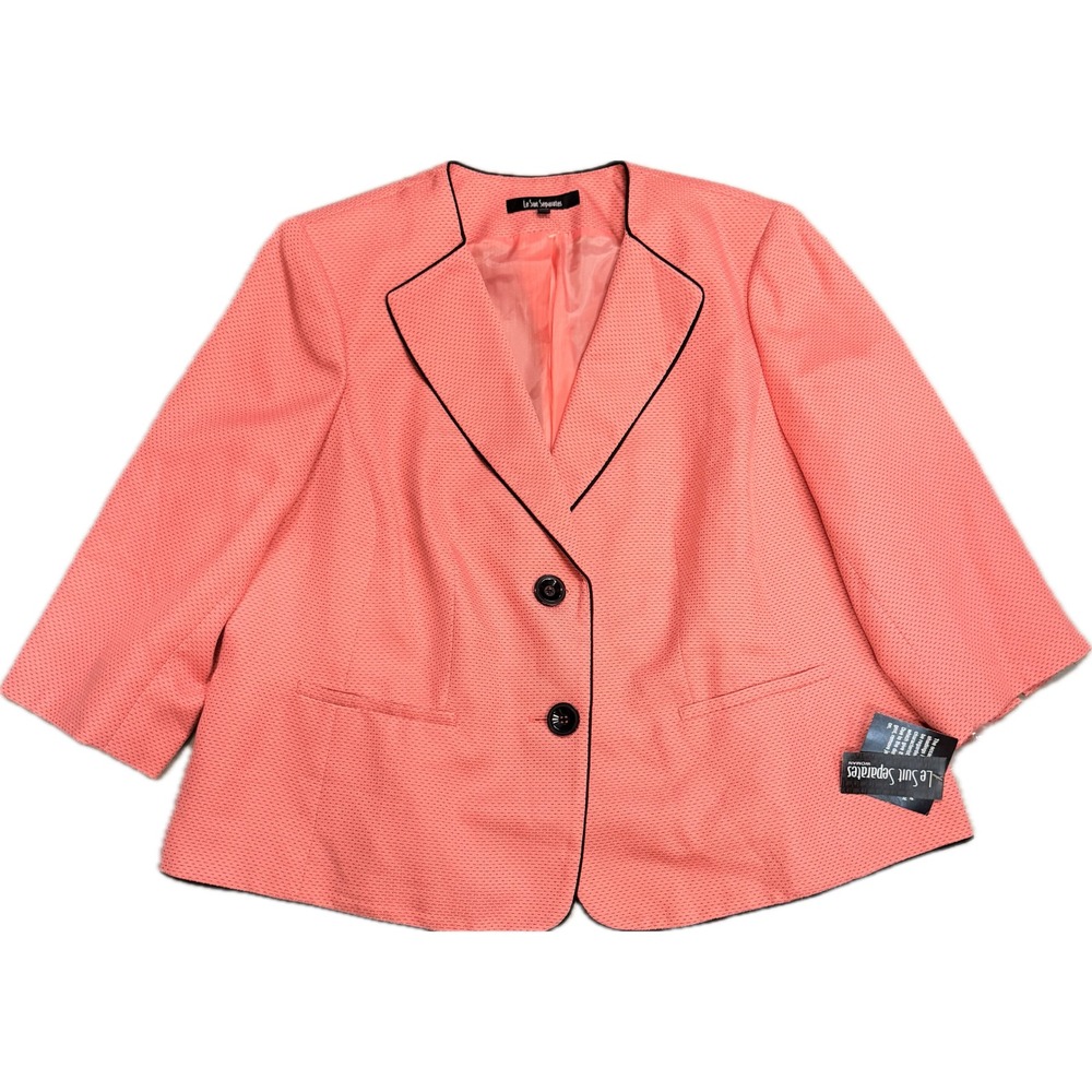 Le Suit Separates Coral Pink Textured Blazer Black Piping 3/4 Sleeve 22W NWT